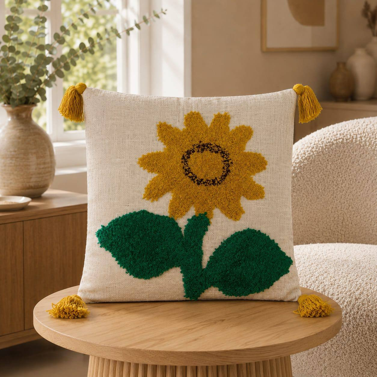 Cream tufted cushion cover with mustard yellow sunflower design placed on wooden side table in living room