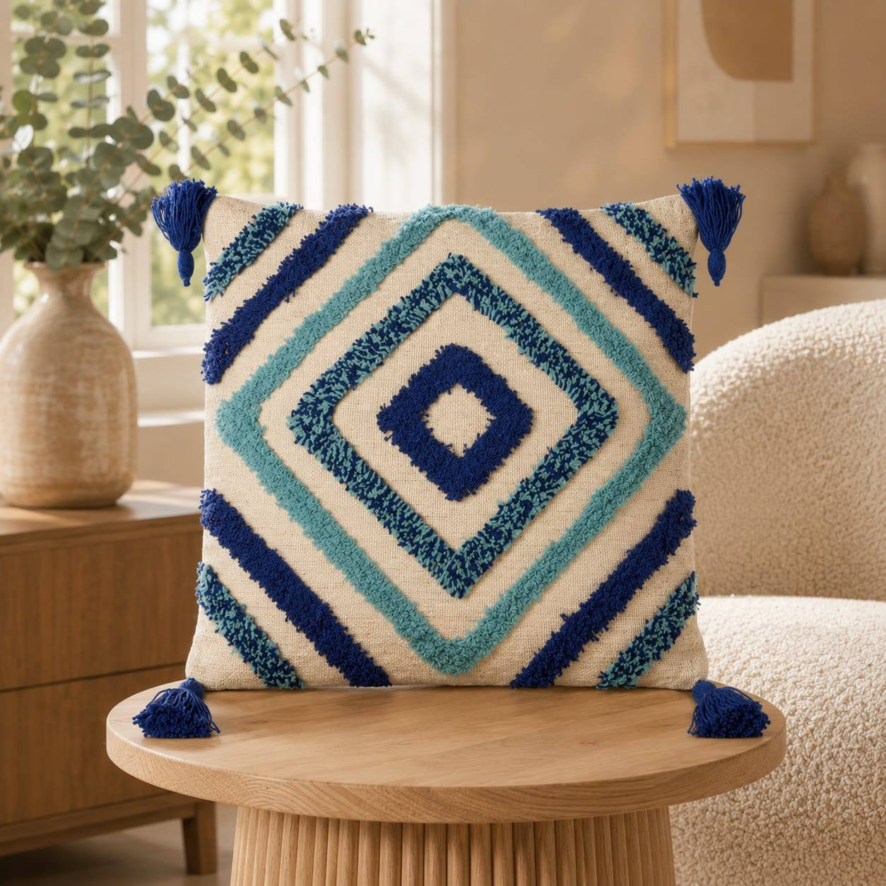 Cream tufted cushion cover with navy blue turquoise diamond pattern and tassels placed on wooden side table