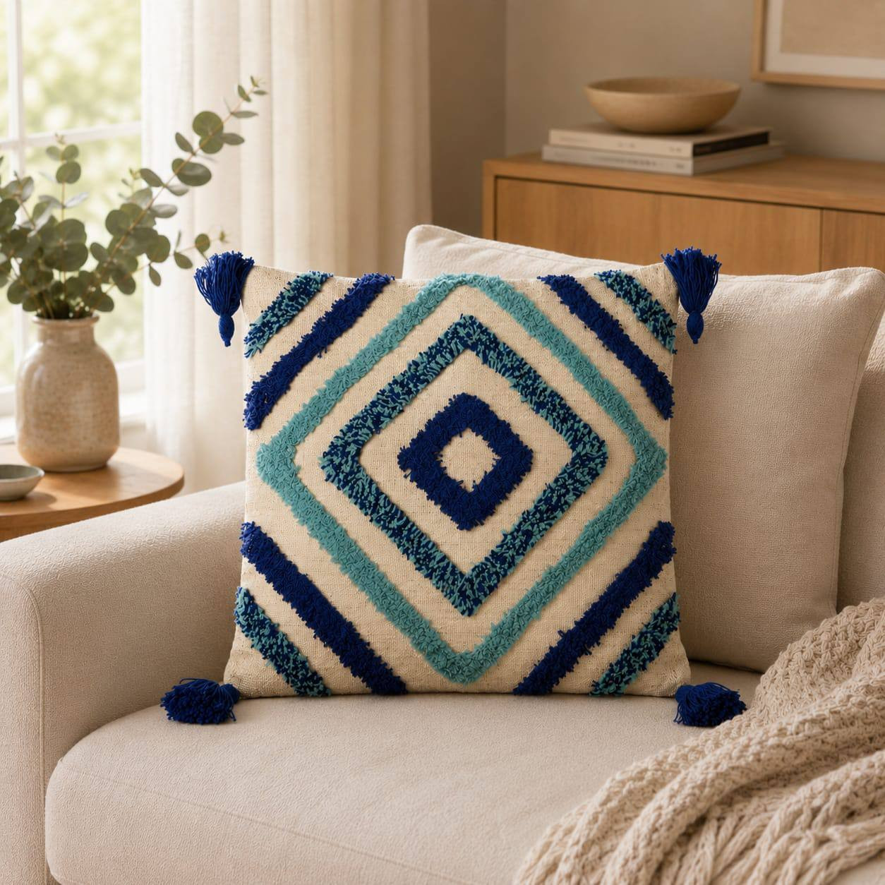 Blue and turquoise geometric diamond tufted cushion cover with tassels styled on a beige sofa