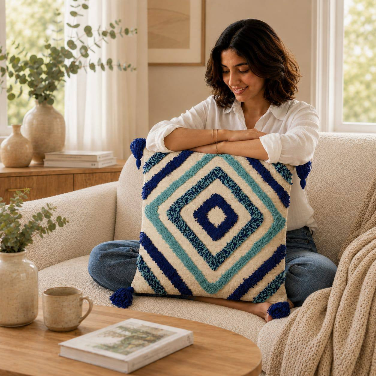 Woman sitting on sofa resting arms on cream tufted cushion cover with navy blue and turquoise diamond pattern