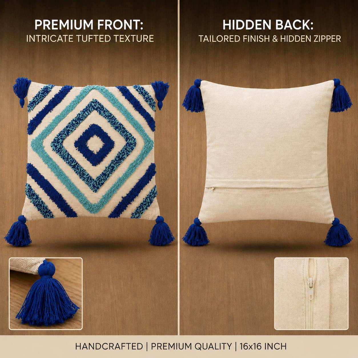 Front and back view of blue geometric diamond tufted cushion cover showing tufted texture and hidden zipper closure 16x16 inch