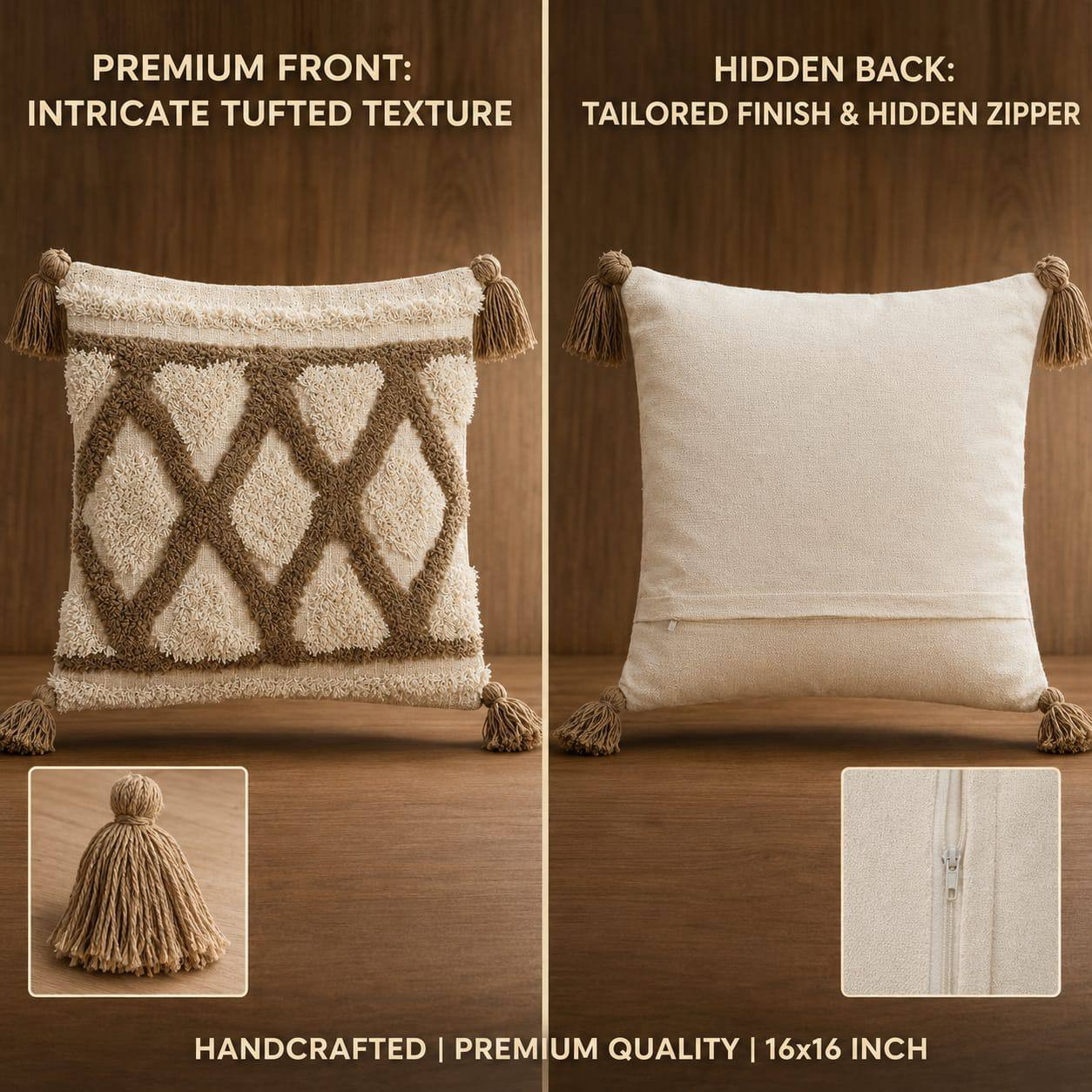 Front and back view of ivory taupe diamond trellis tufted cushion cover showing tufted texture and hidden zipper closure 16x16 inch