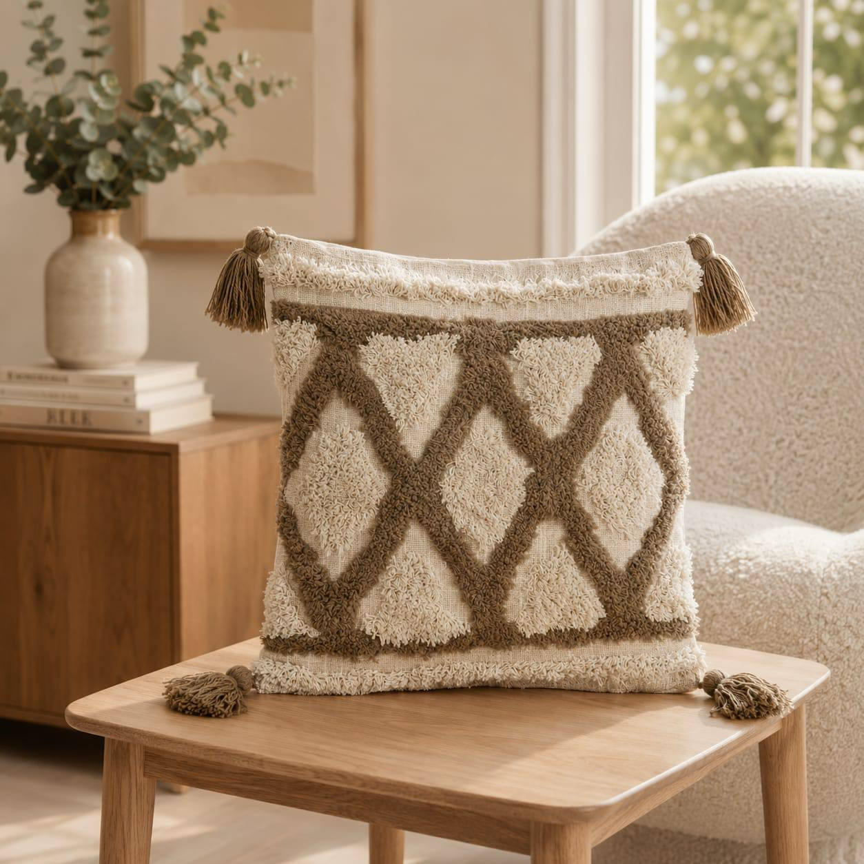 Ivory tufted cushion cover with taupe diamond trellis design and tassels placed on wooden side table