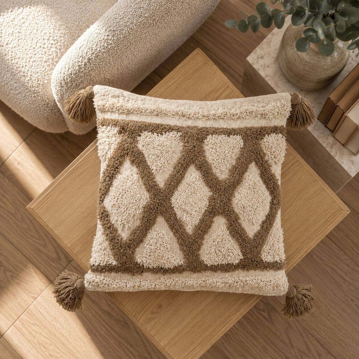 Top view of ivory tufted cushion cover with taupe diamond pattern and tassels on wooden coffee table