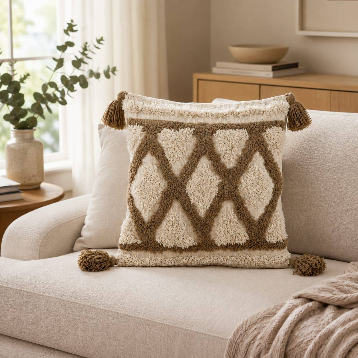 Ivory tufted cushion cover with taupe diamond trellis design and tassels styled on a beige sofa