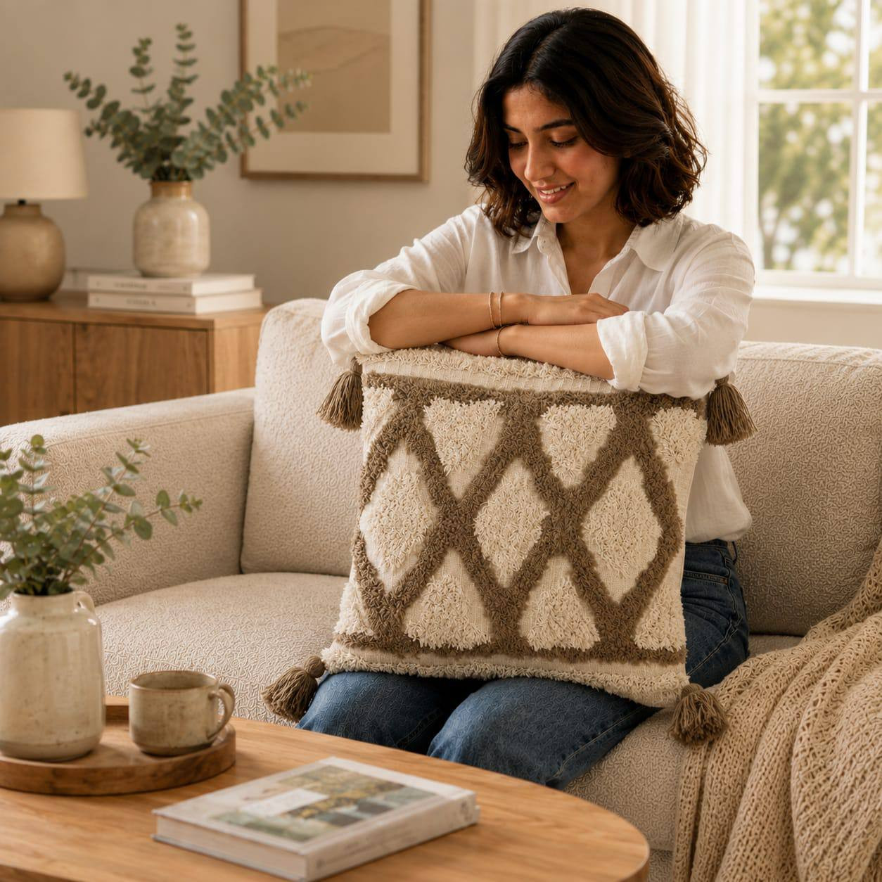 Woman sitting on sofa resting arms on ivory tufted cushion cover with taupe diamond trellis pattern and tassels