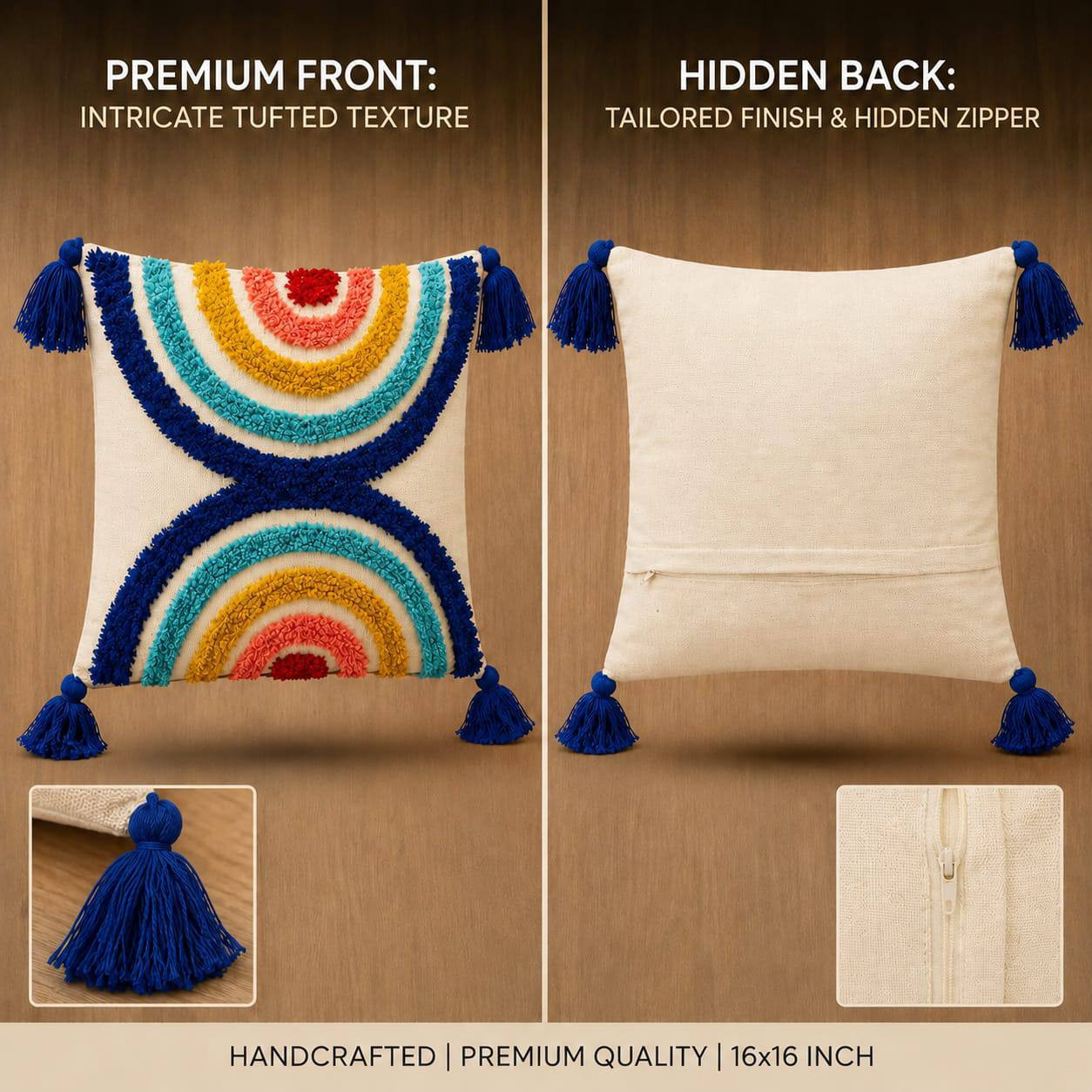 Front and back view of colorful rainbow tufted cushion cover showing tufted texture and hidden zipper closure 16x16 inch