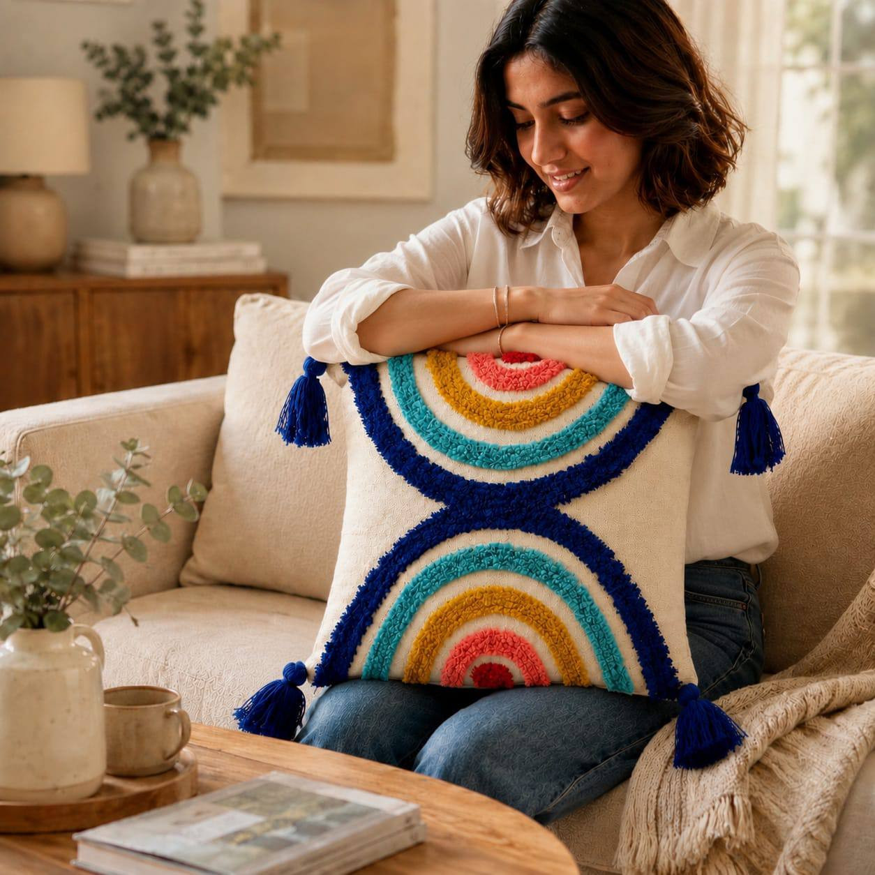 Woman sitting on sofa holding cream tufted cushion cover with colorful rainbow arch design and navy tassels