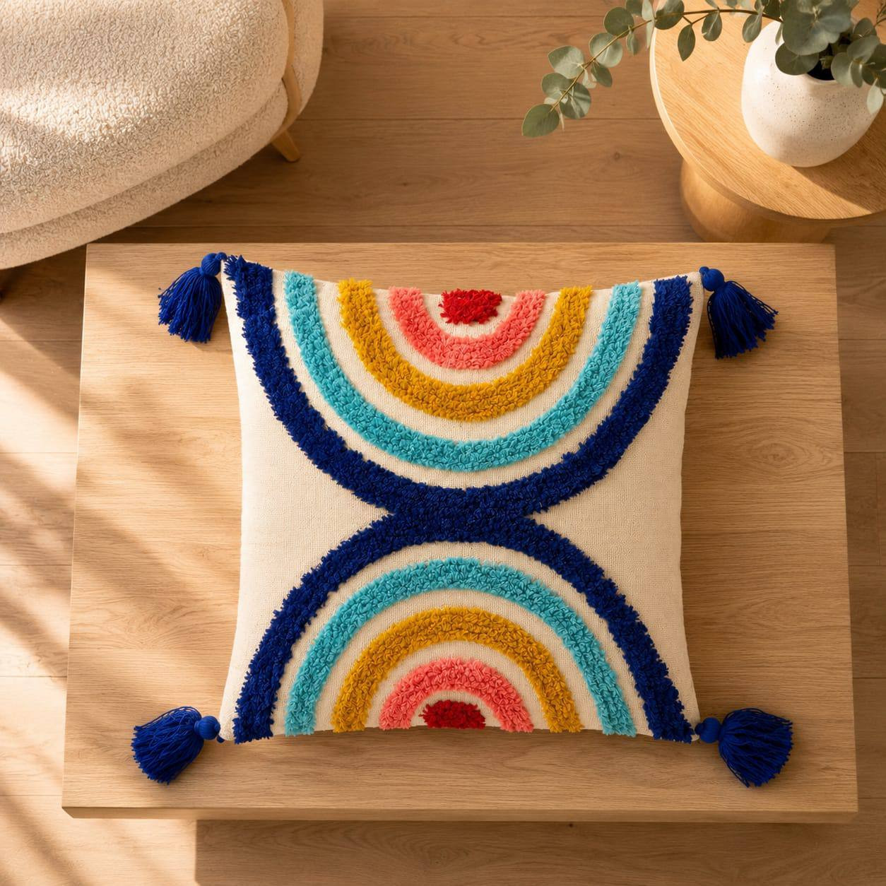 Top view of cream tufted cushion cover with colorful rainbow arch pattern and navy tassels on wooden table