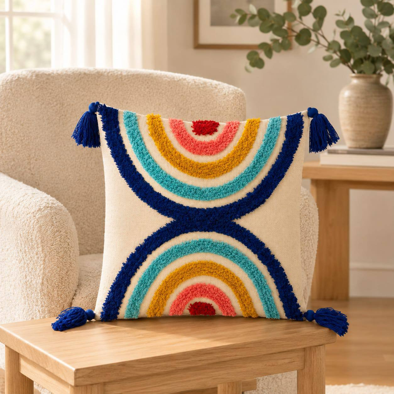Cream tufted cushion cover with multicolor rainbow arch design and navy tassels placed on wooden side table