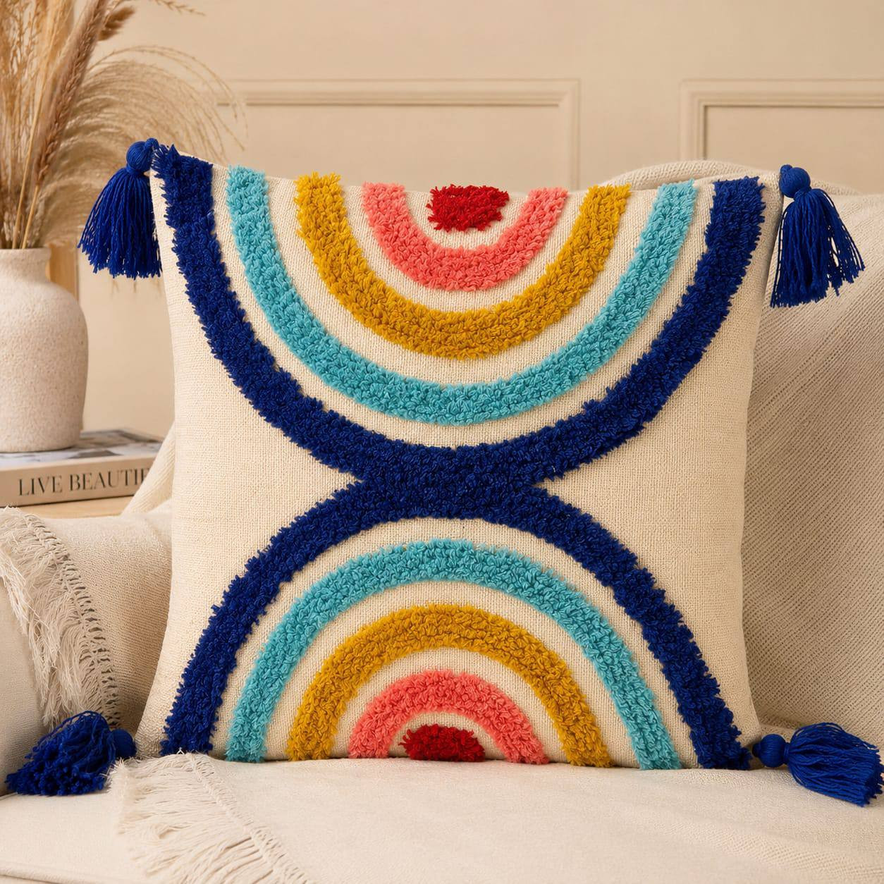 Colorful rainbow tufted cushion cover with navy blue tassels styled on a beige sofa