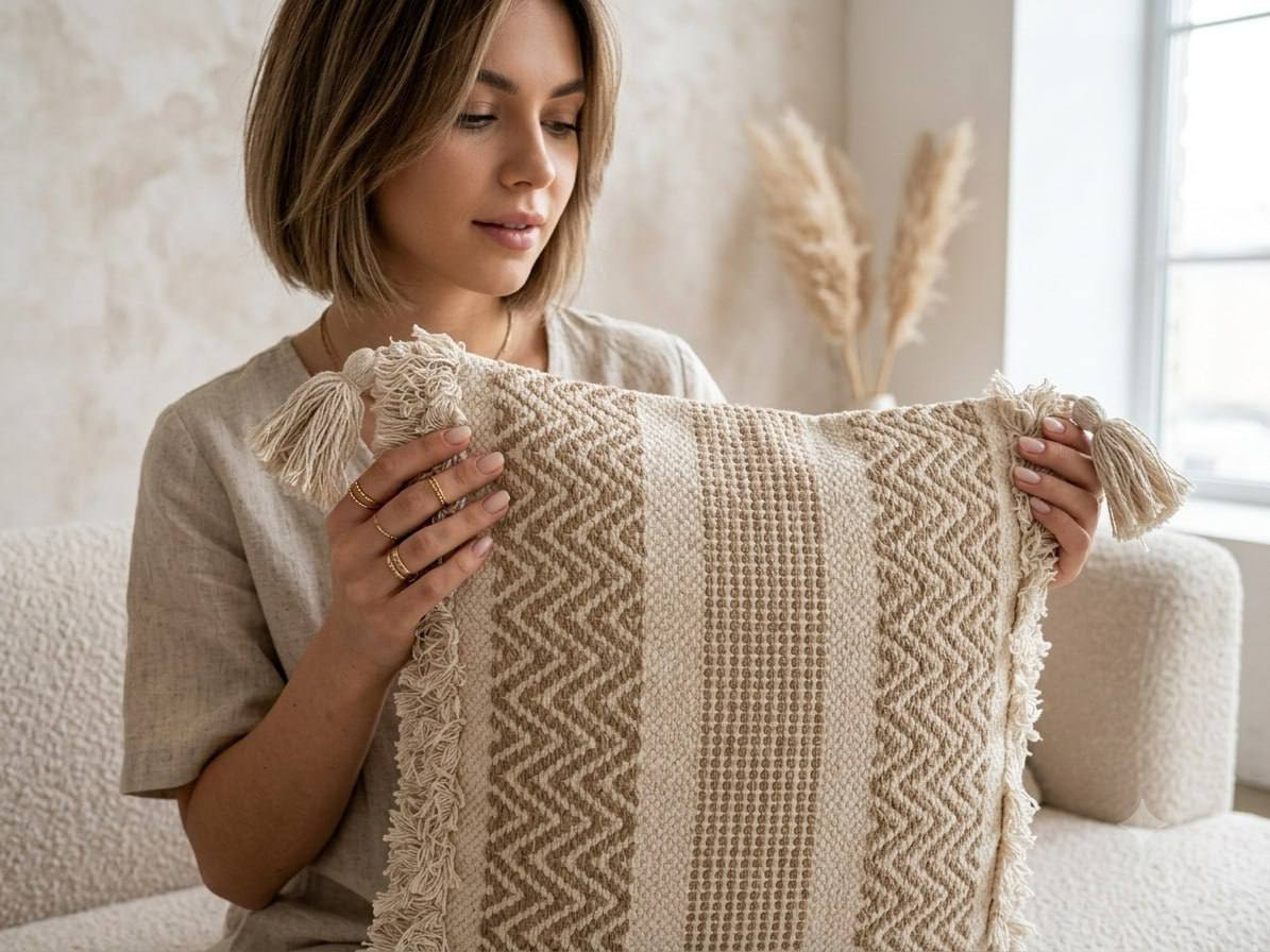 Woman holding cream and beige chevron boho cushion cover showing texture and tassel detail