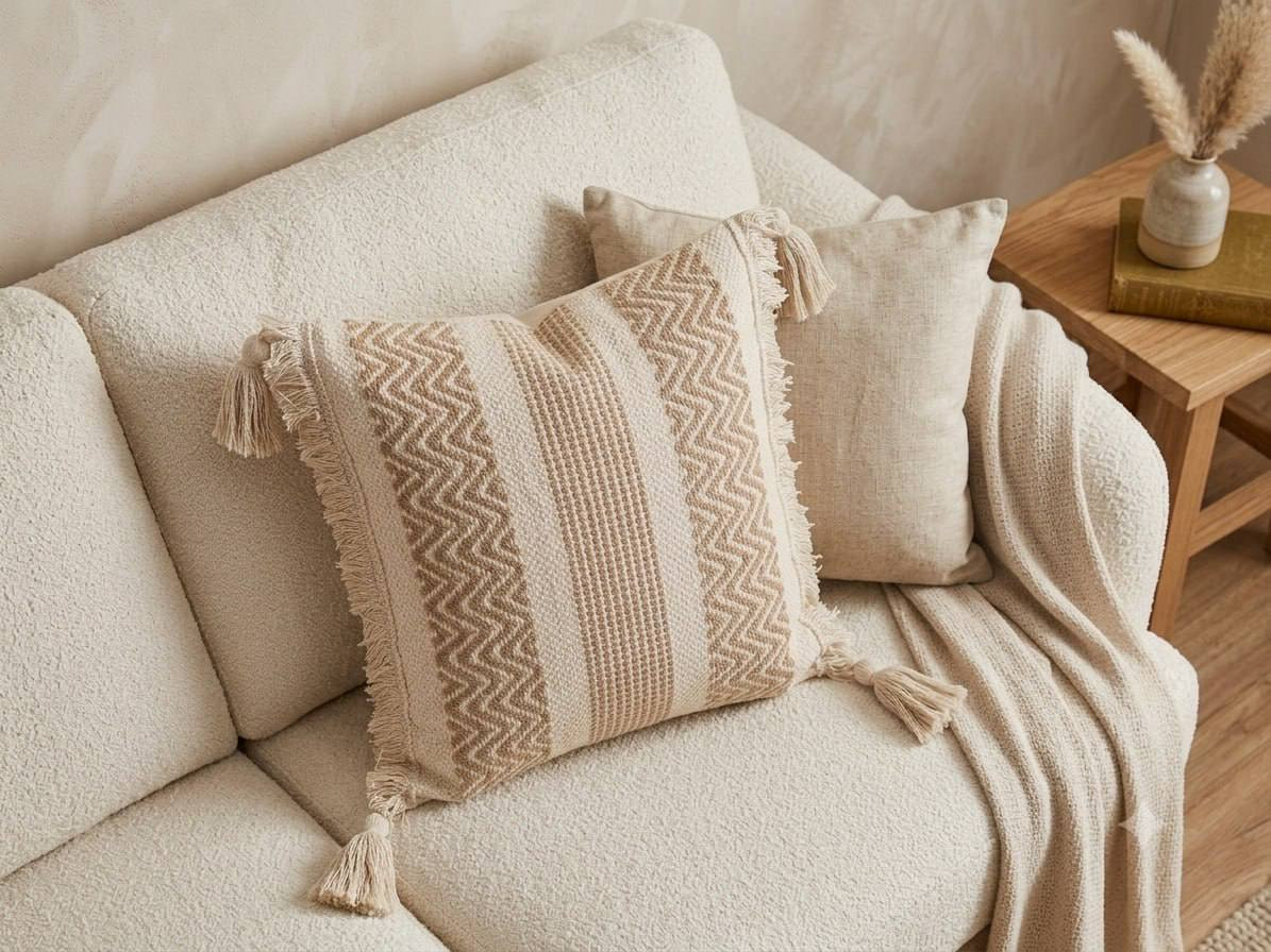 Chevron boho cushion cover with tassels placed on sofa beside solid linen pillow