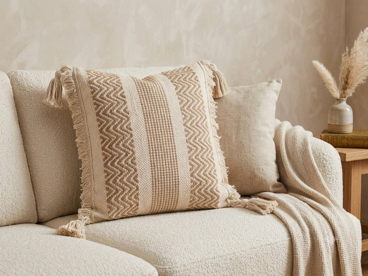 Beige chevron boho cushion cover with tassels styled on cream boucle sofa with throw