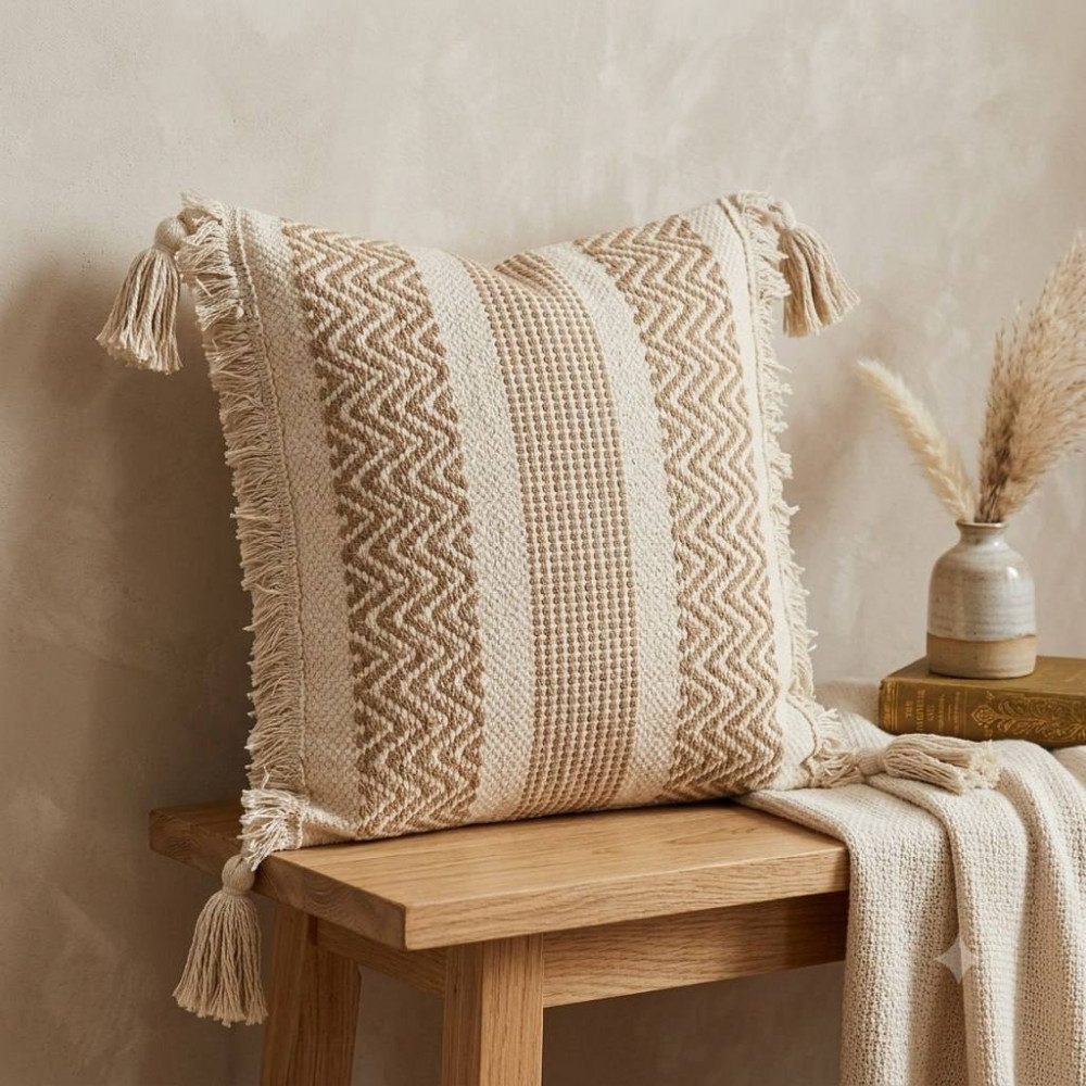 Image of Boho Cushion Cover with Tassels – Beige Chevron Pattern, 16 x 16 Inch