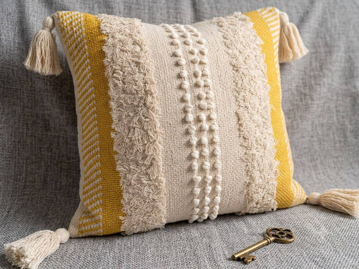 Mustard boho cushion cover with tassels placed on grey sofa beside vintage key