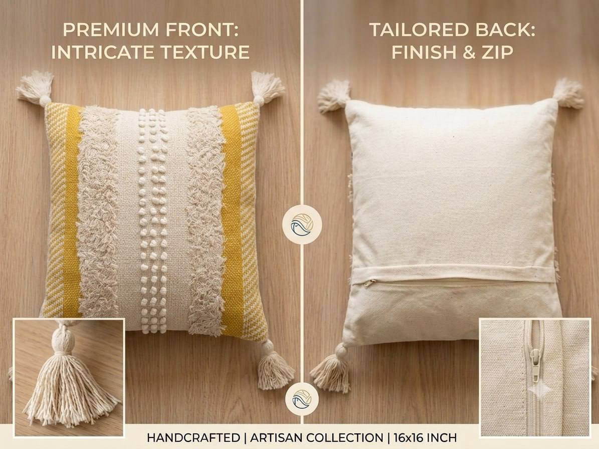 Front and back view of boho cushion cover showing tufted texture and hidden zipper closure