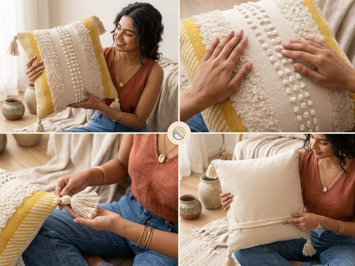 Woman holding and touching textured boho cushion cover showing tassel and fabric detail closeups