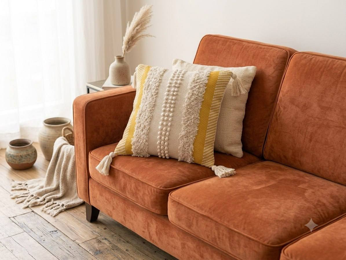 Boho cushion cover with tassels styled on rust velvet sofa in living room decor