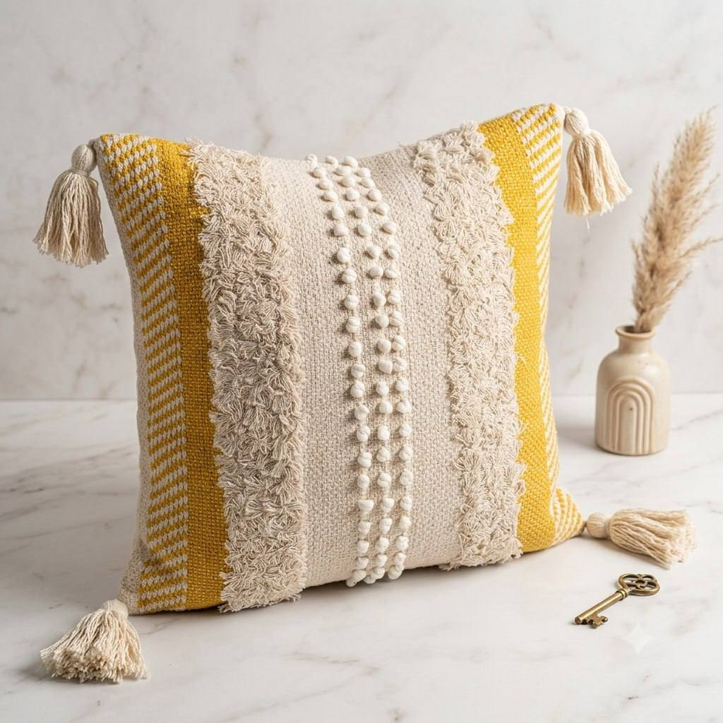 Mustard yellow and ivory boho cushion cover with tufted fringe pom-pom trim and tassels on marble surface