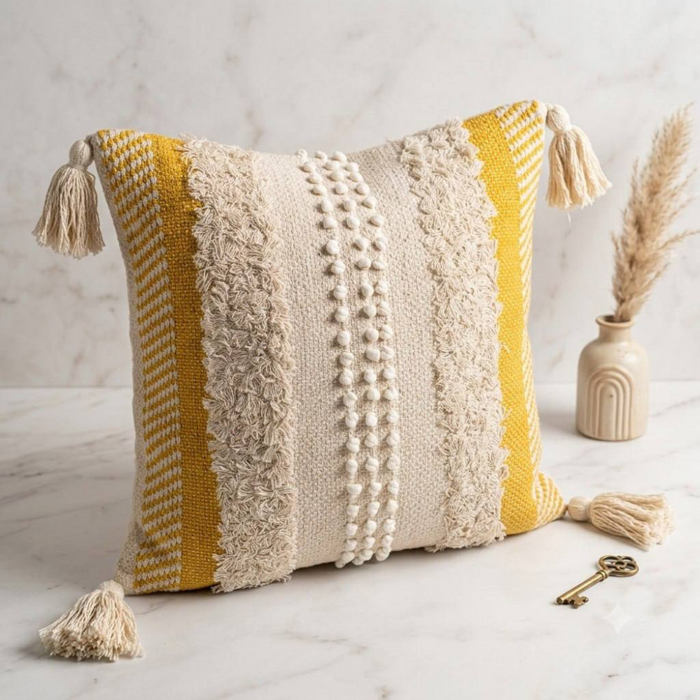 Image of Mustard &amp; Ivory Boho Cushion Cover with Tassels | Tufted Pom Design | 16 × 16 Inch