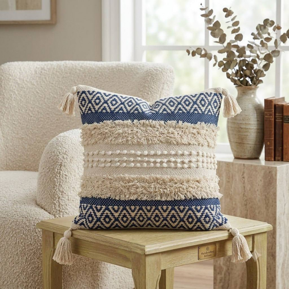 Image of Navy Blue Boho Cushion Cover with Tassels | Diamond Print &amp; Tufted Texture | 16 × 16 Inch