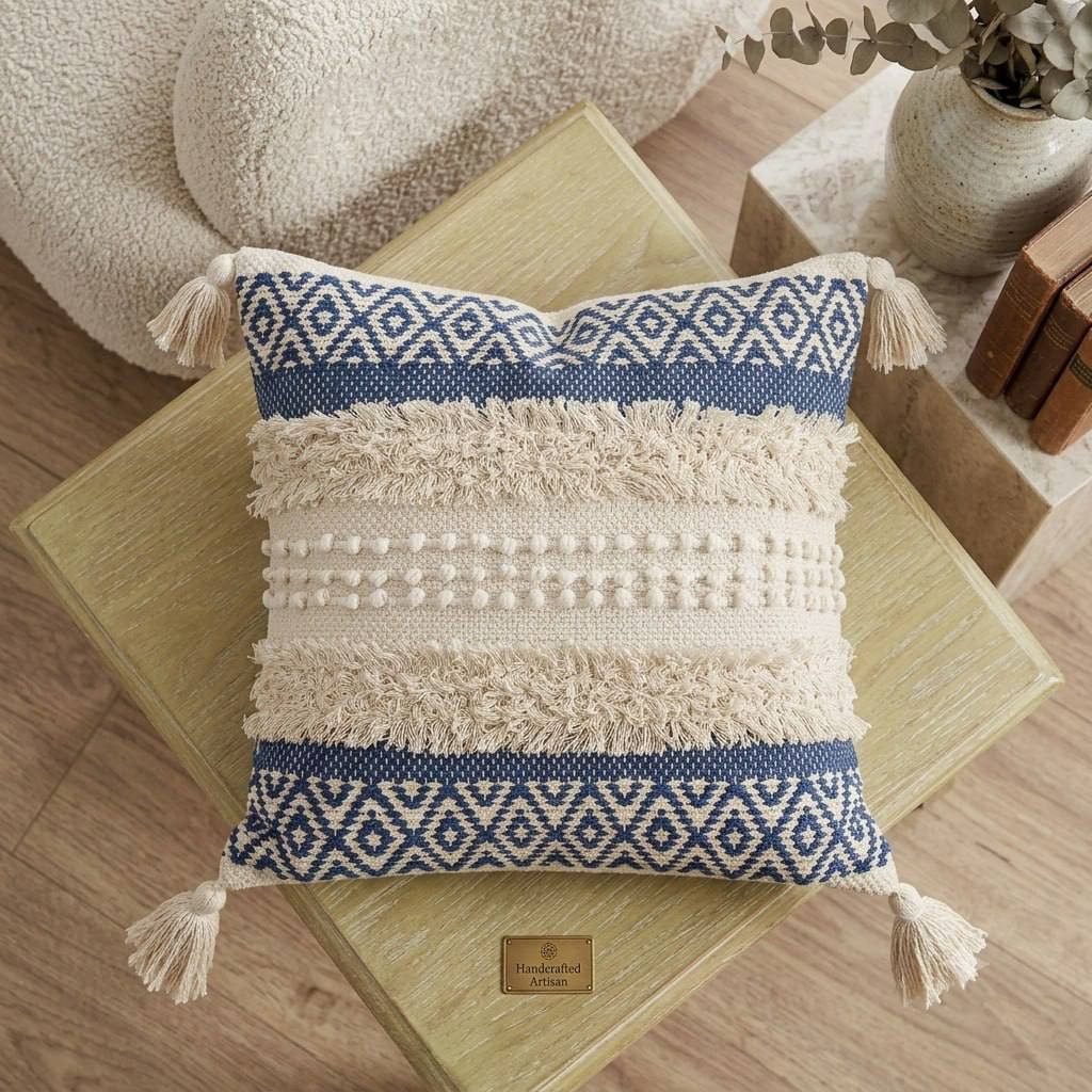 Overhead view of navy diamond boho cushion cover with tassels on wooden side table
