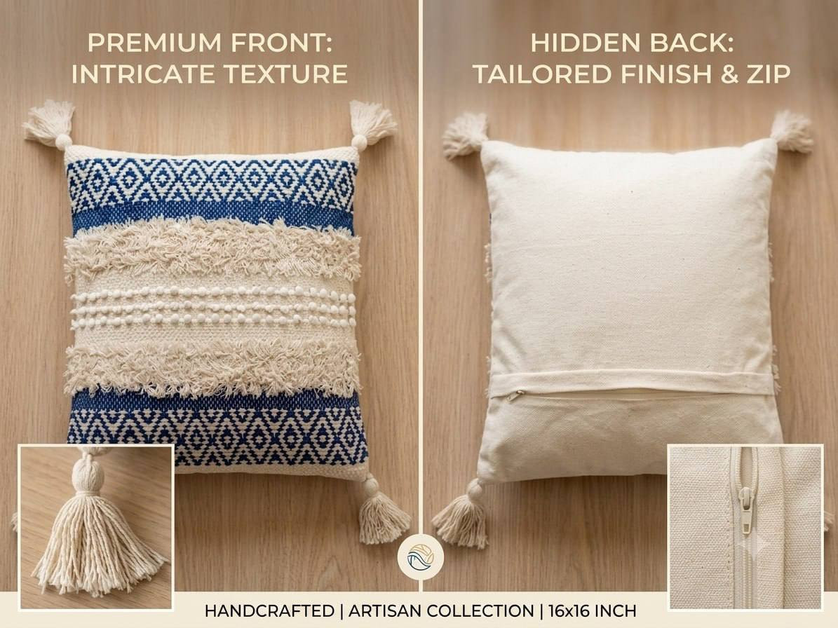 Front and back view of navy boho cushion cover showing tufted texture and hidden zipper closure