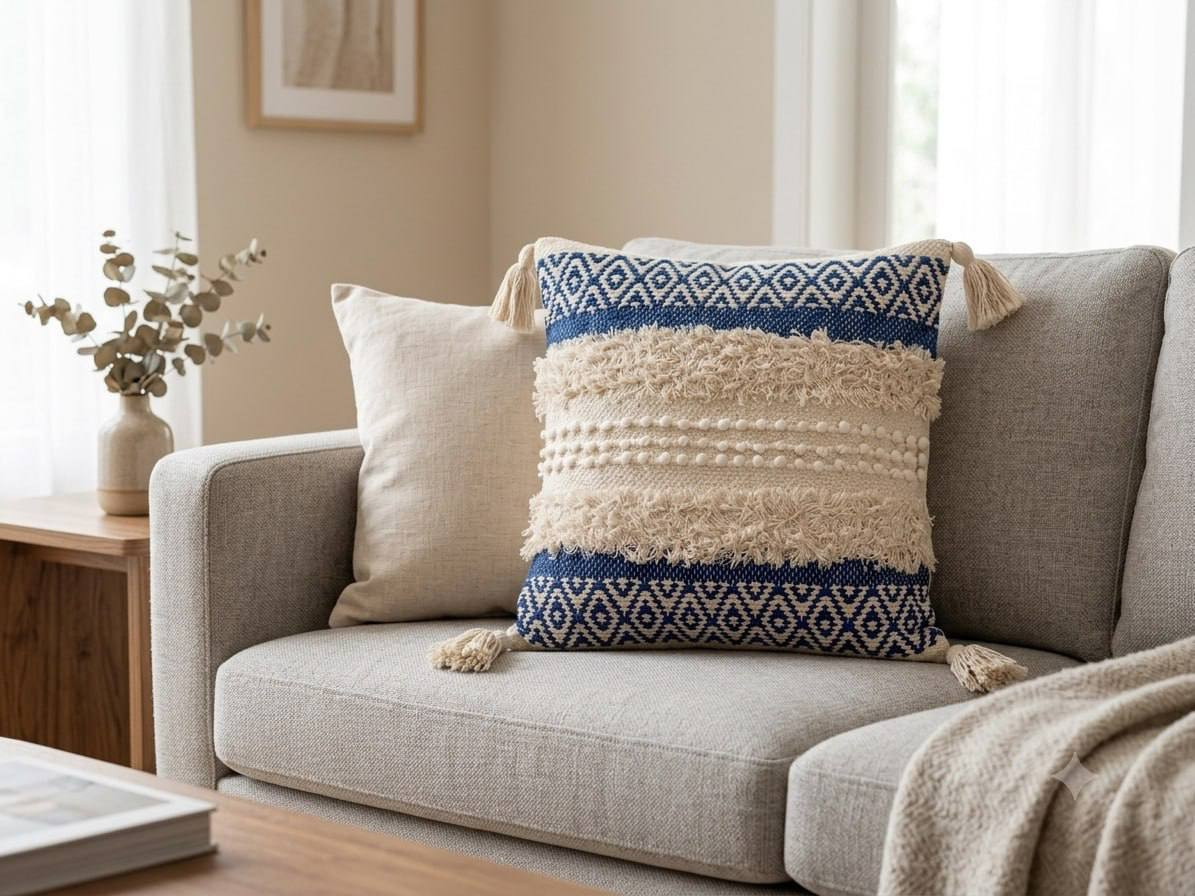 Navy and ivory boho cushion cover with tassels styled on grey sofa