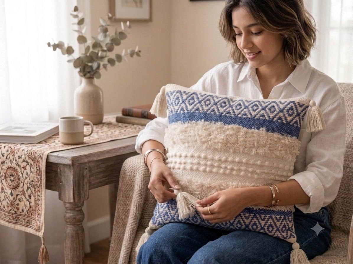 Woman holding navy diamond print boho cushion cover with tufted fringe and tassels