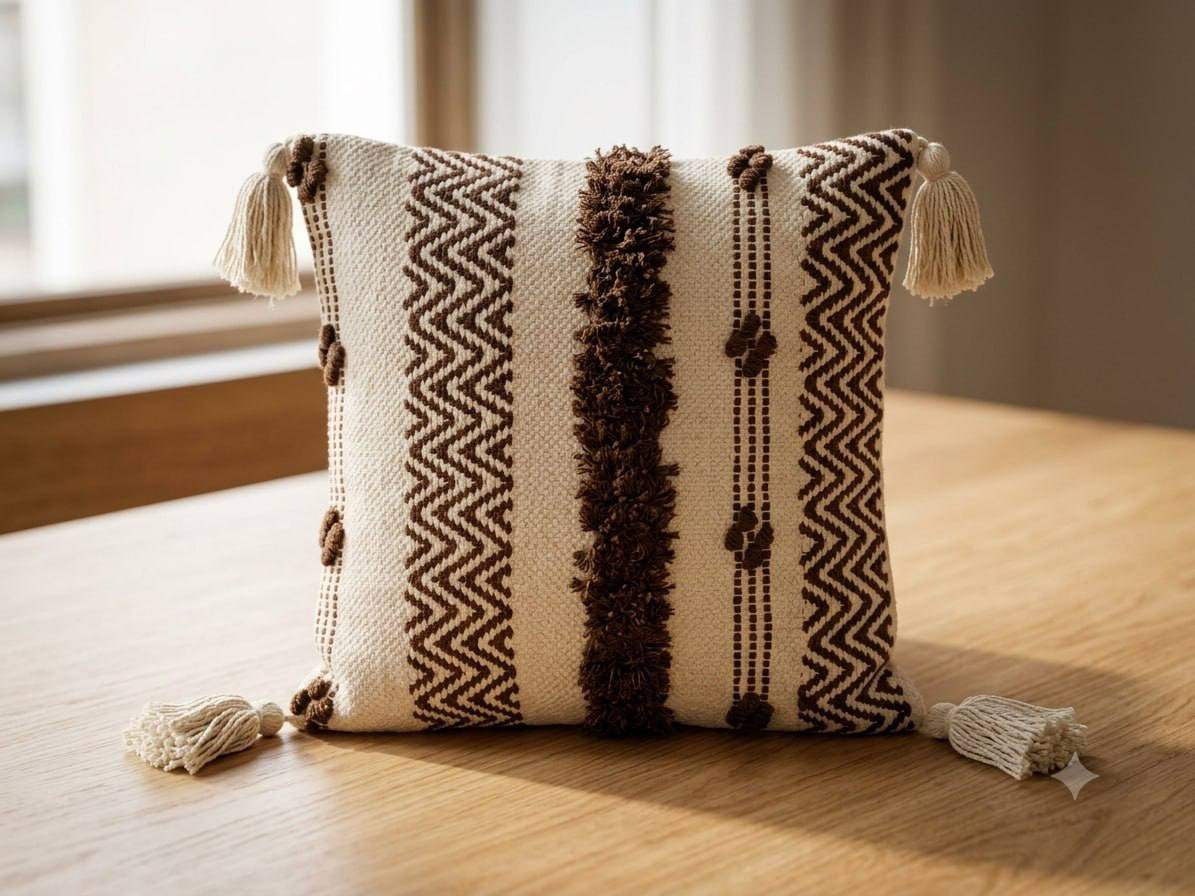 Brown chevron boho cushion cover with tassels on wooden surface with tufted fringe detail