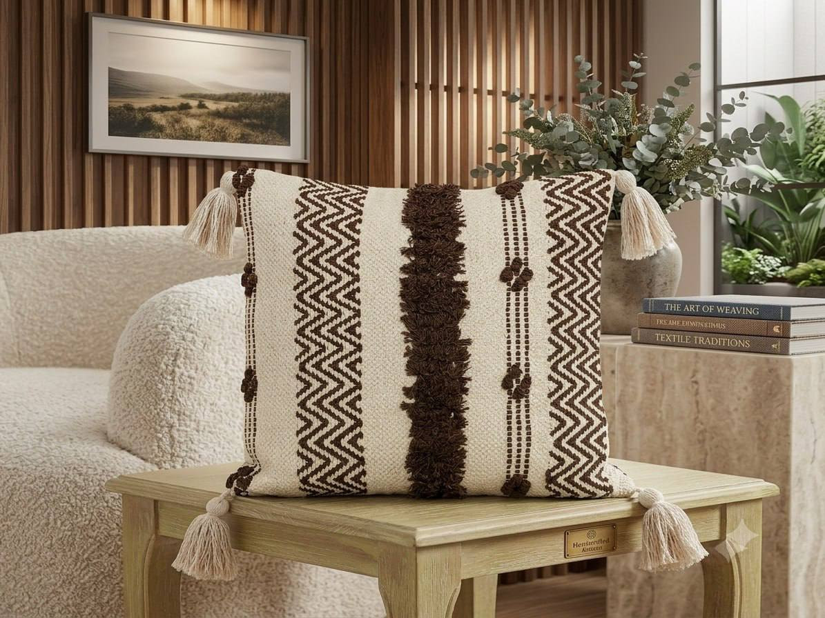 Brown chevron boho cushion cover with tassels displayed on wooden side table near books