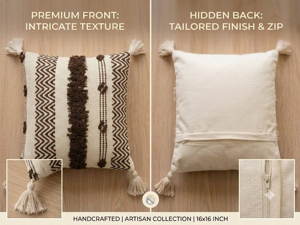 Front and back view of brown boho cushion cover showing tufted texture and hidden zipper closure