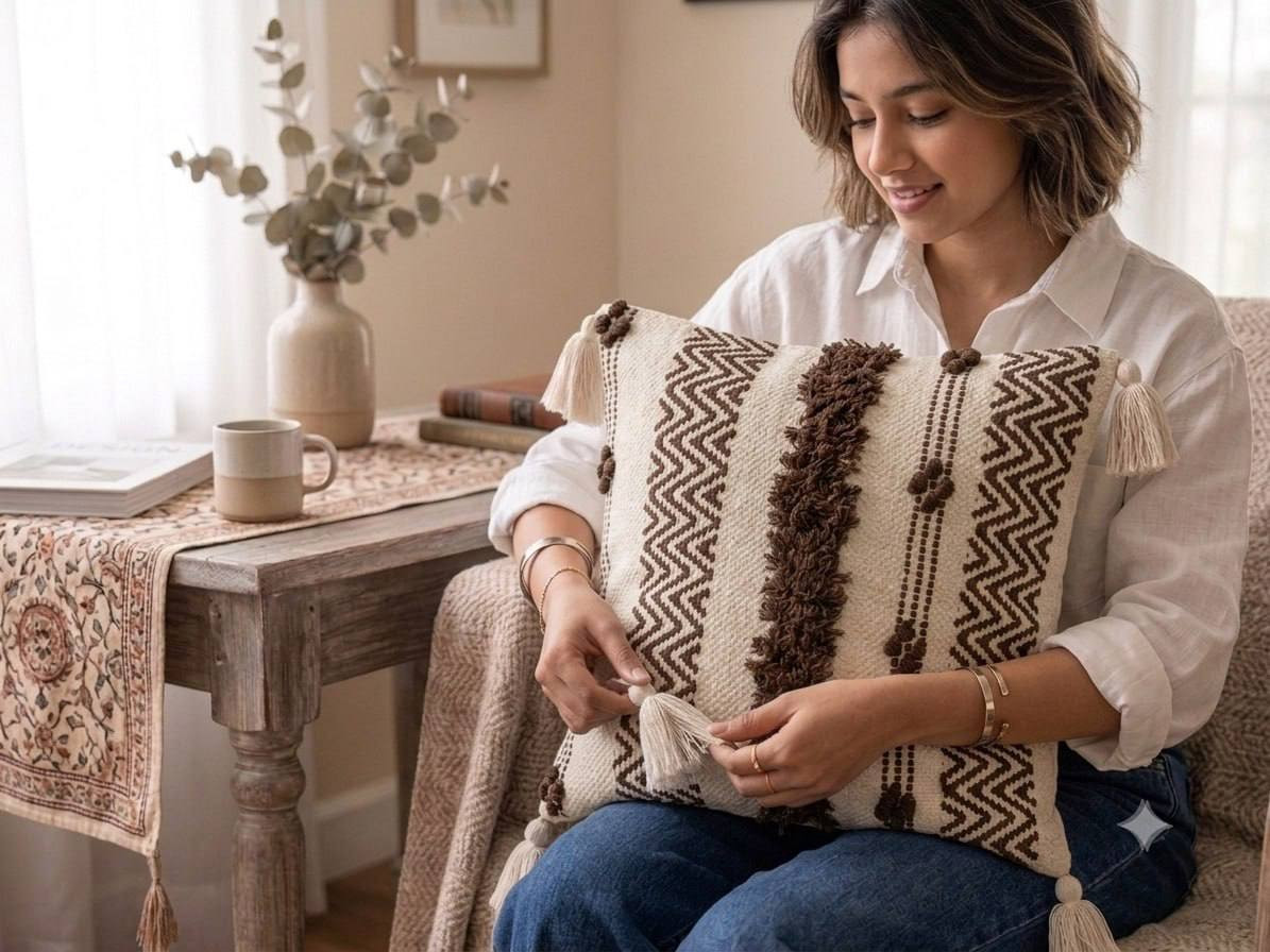 Woman holding brown chevron boho cushion cover showing tufted fringe and tassel detail