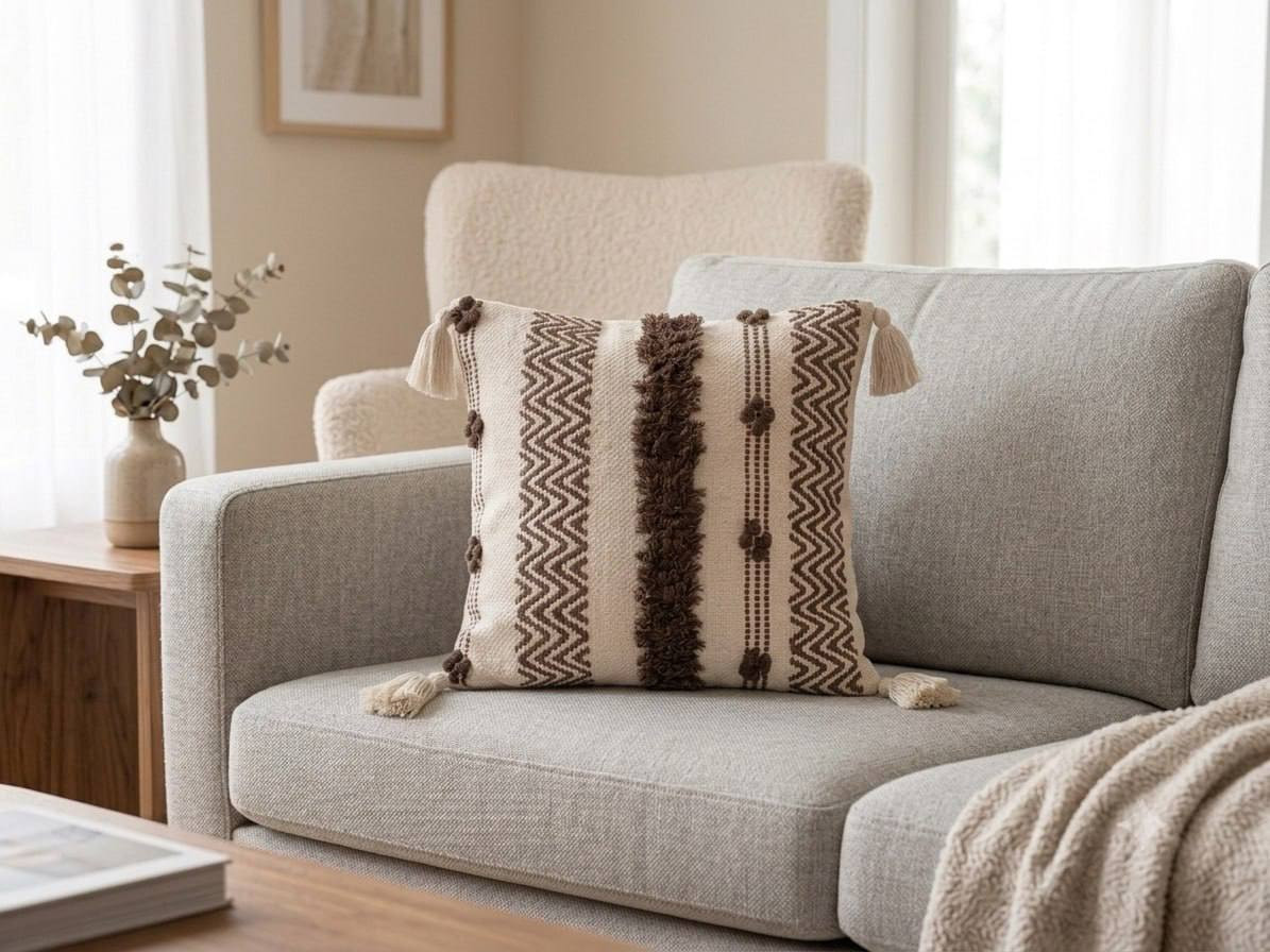 Brown and ivory boho cushion cover with tassels placed on grey sofa