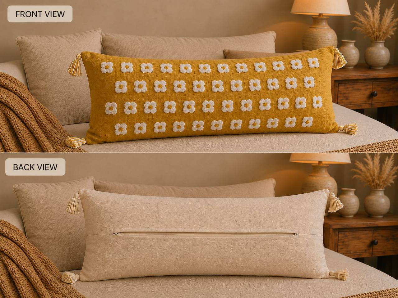 Furnistitchs embroidered lumbar cushion cover front view daisy embroidery and back view hidden zipper closure