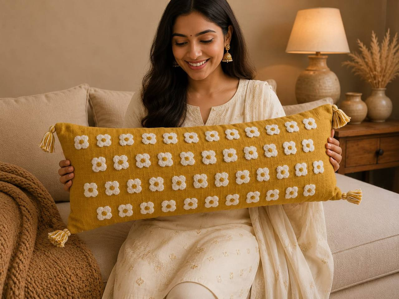 Woman in ethnic wear holding mustard boho embroidered lumbar pillow cover with floral tassel design
