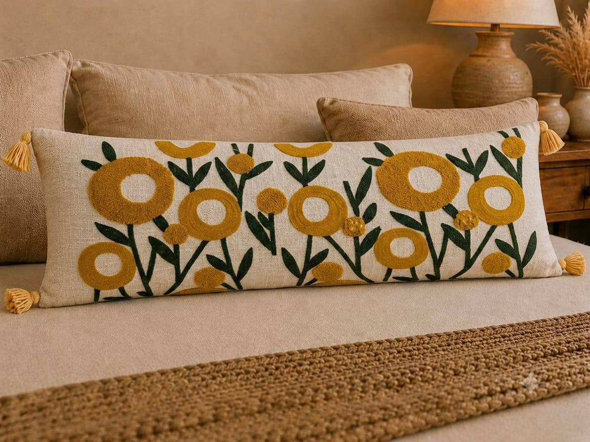 Ivory boho lumbar cushion with mustard gold embroidered ring flower design and tassels on bed