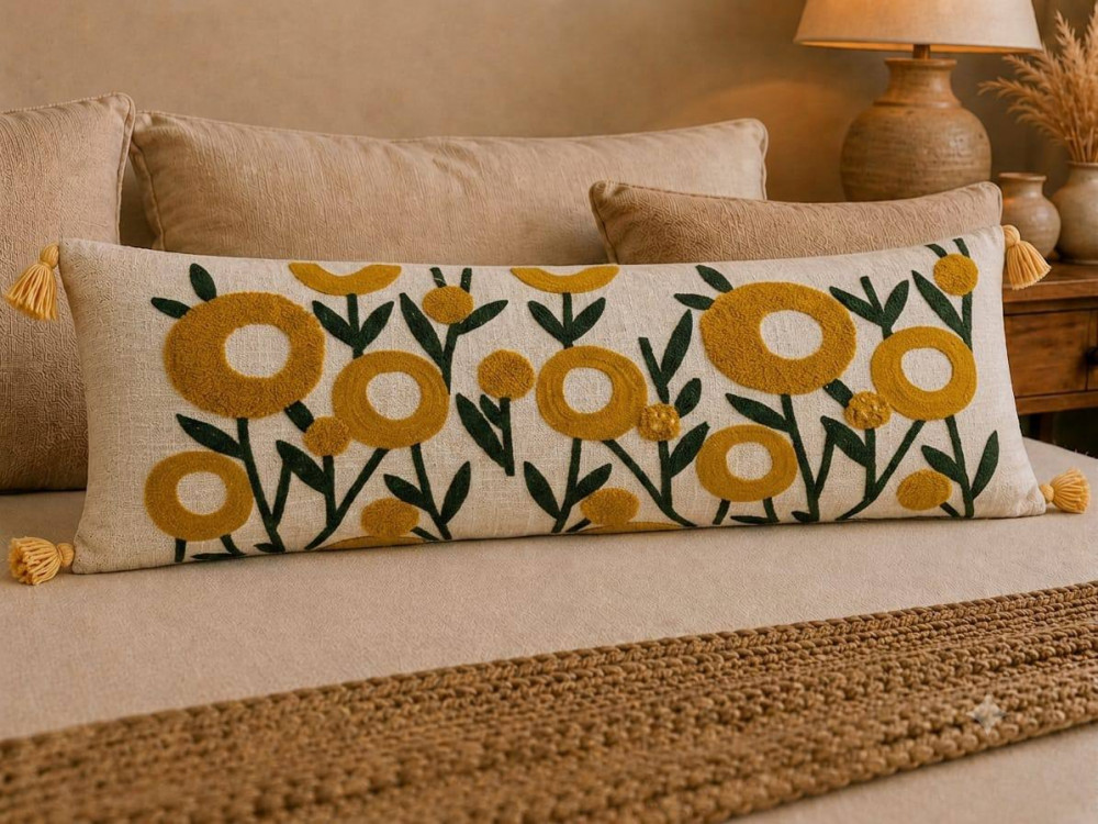 Image of Embroidered Ring Floral Lumbar Cushion Cover 14x36" (Ivory Mustard)