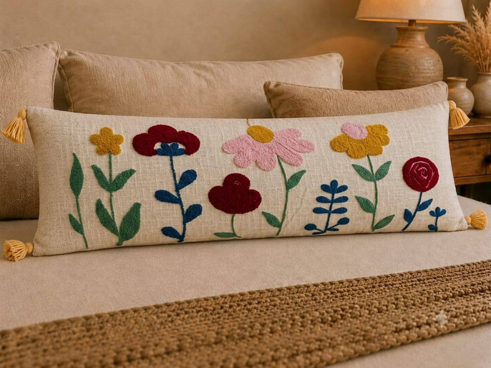 Image of Embroidered Wildflower Garden Lumbar Cushion Cover 14x36" (Ivory Multicolor)