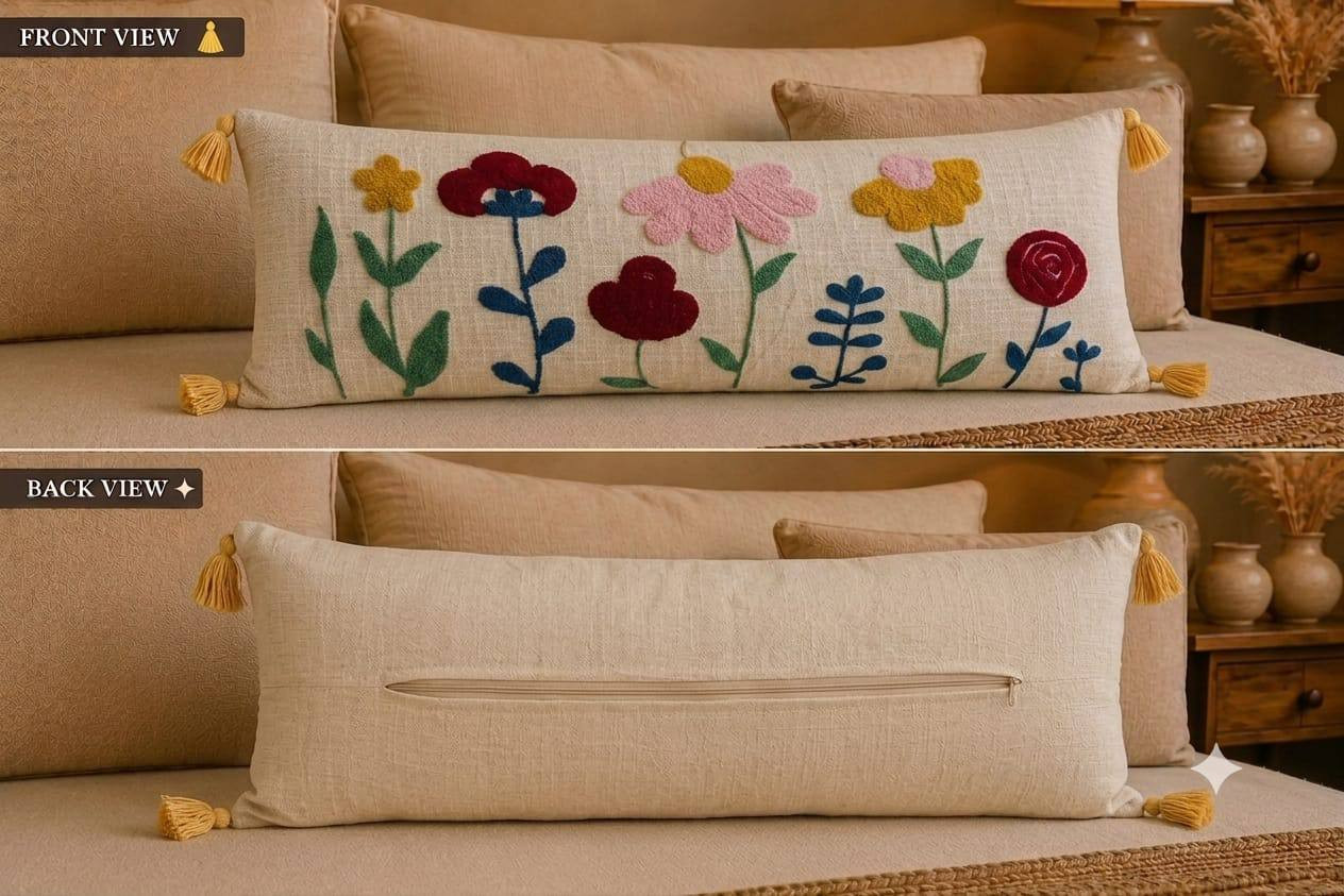 Furnistitchs wildflower embroidered lumbar cushion cover front view multicolor blooms and back view hidden zipper