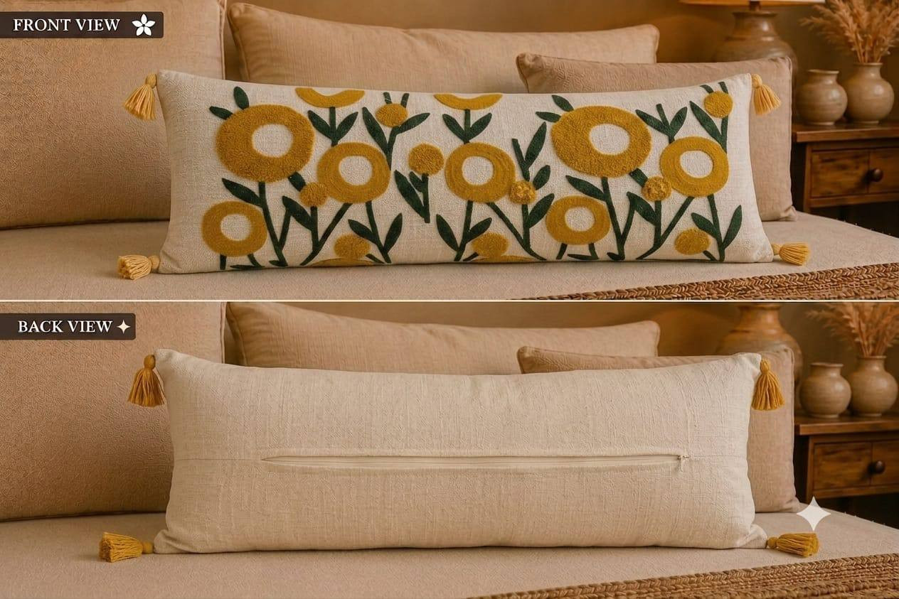 Furnistitchs ring floral embroidered lumbar cushion cover front view mustard flowers and back view hidden zipper