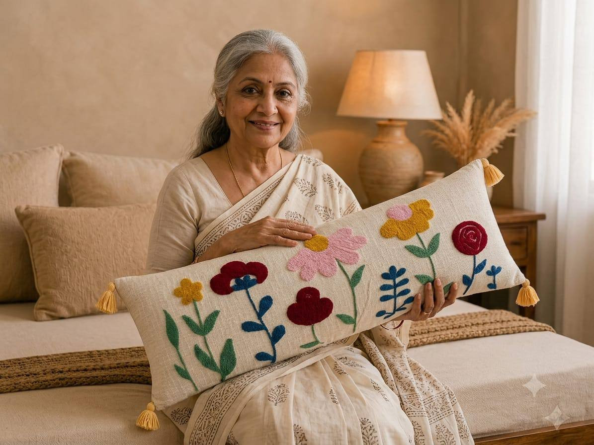 Woman in saree holding ivory lumbar cushion cover with colorful embroidered wildflower pattern