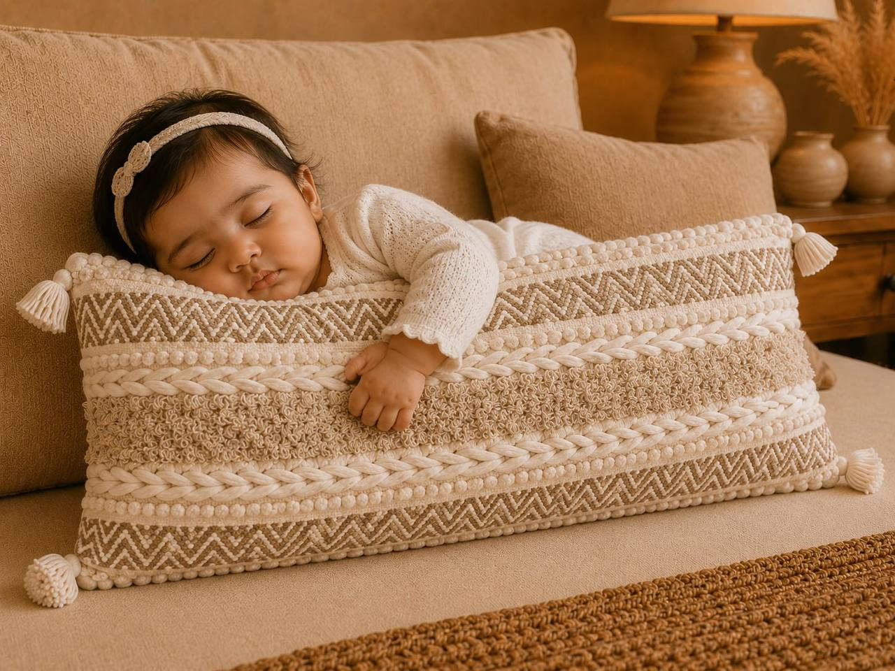 Baby sleeping on boho braided chevron lumbar cushion cover with tassel corners