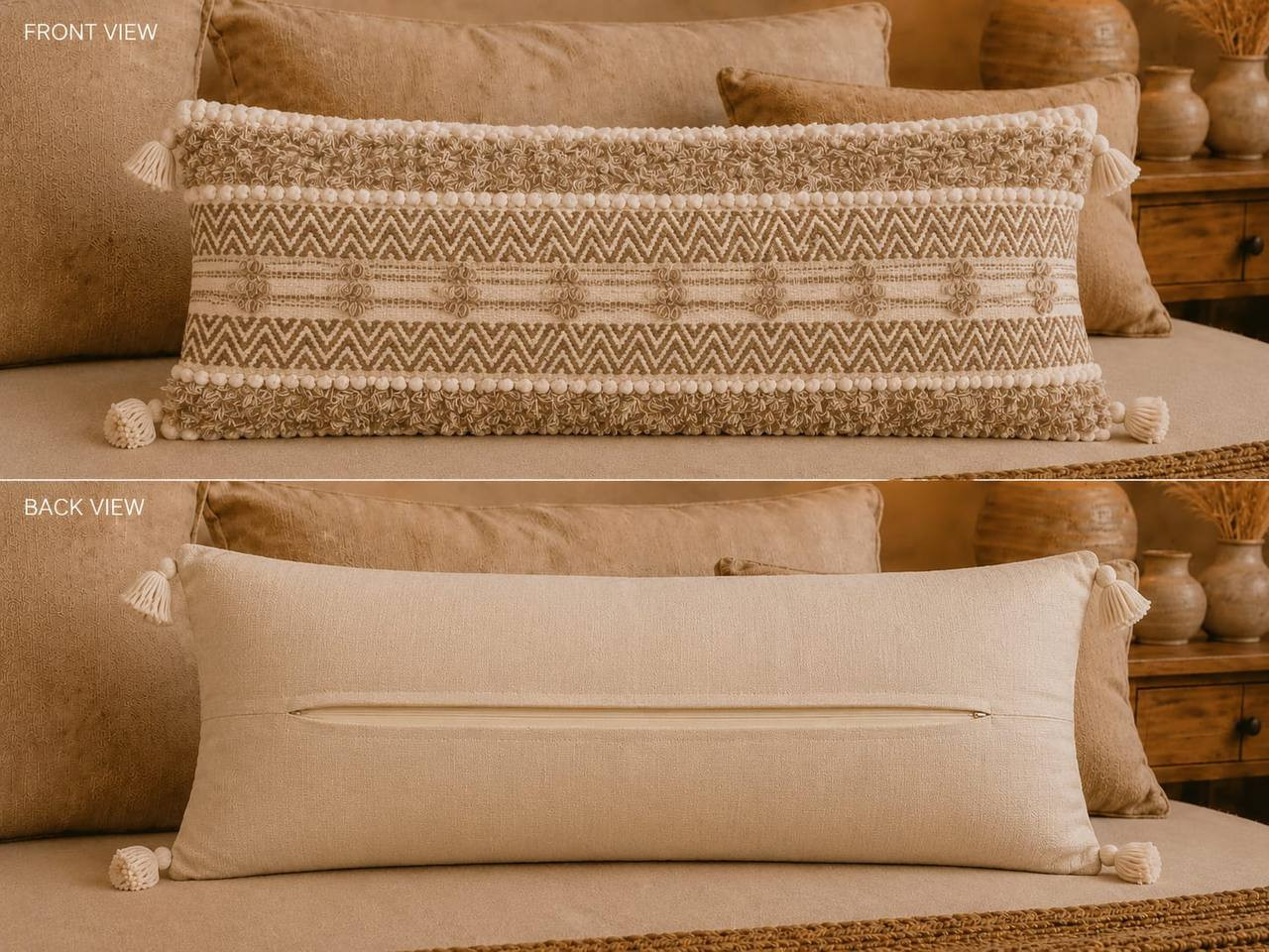 Front and back view of boho lumbar cushion cover showing chevron pattern and hidden zipper