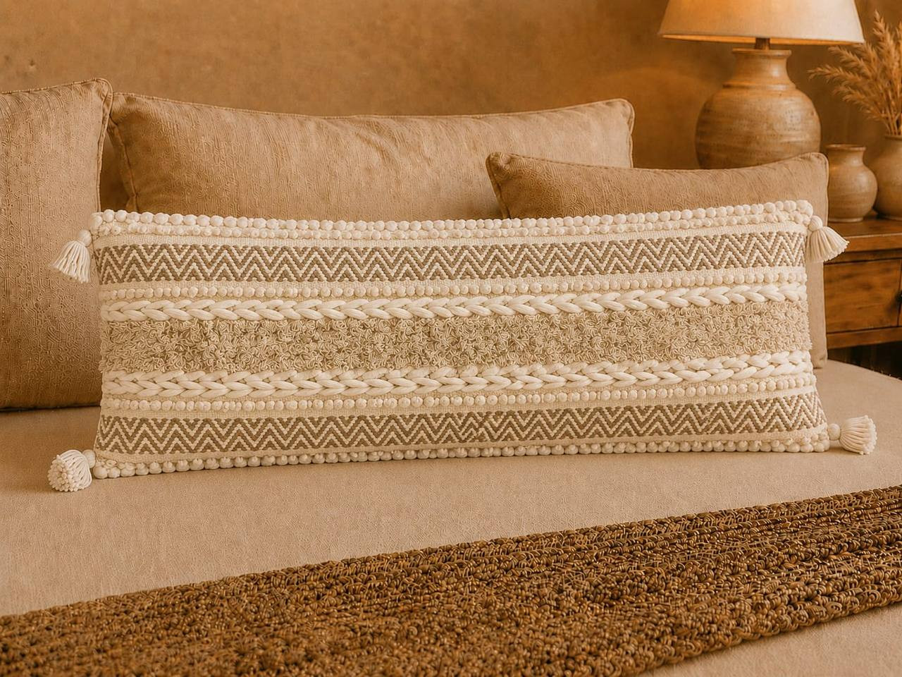 Boho tufted lumbar cushion cover with braided rope and chevron weave on sofa