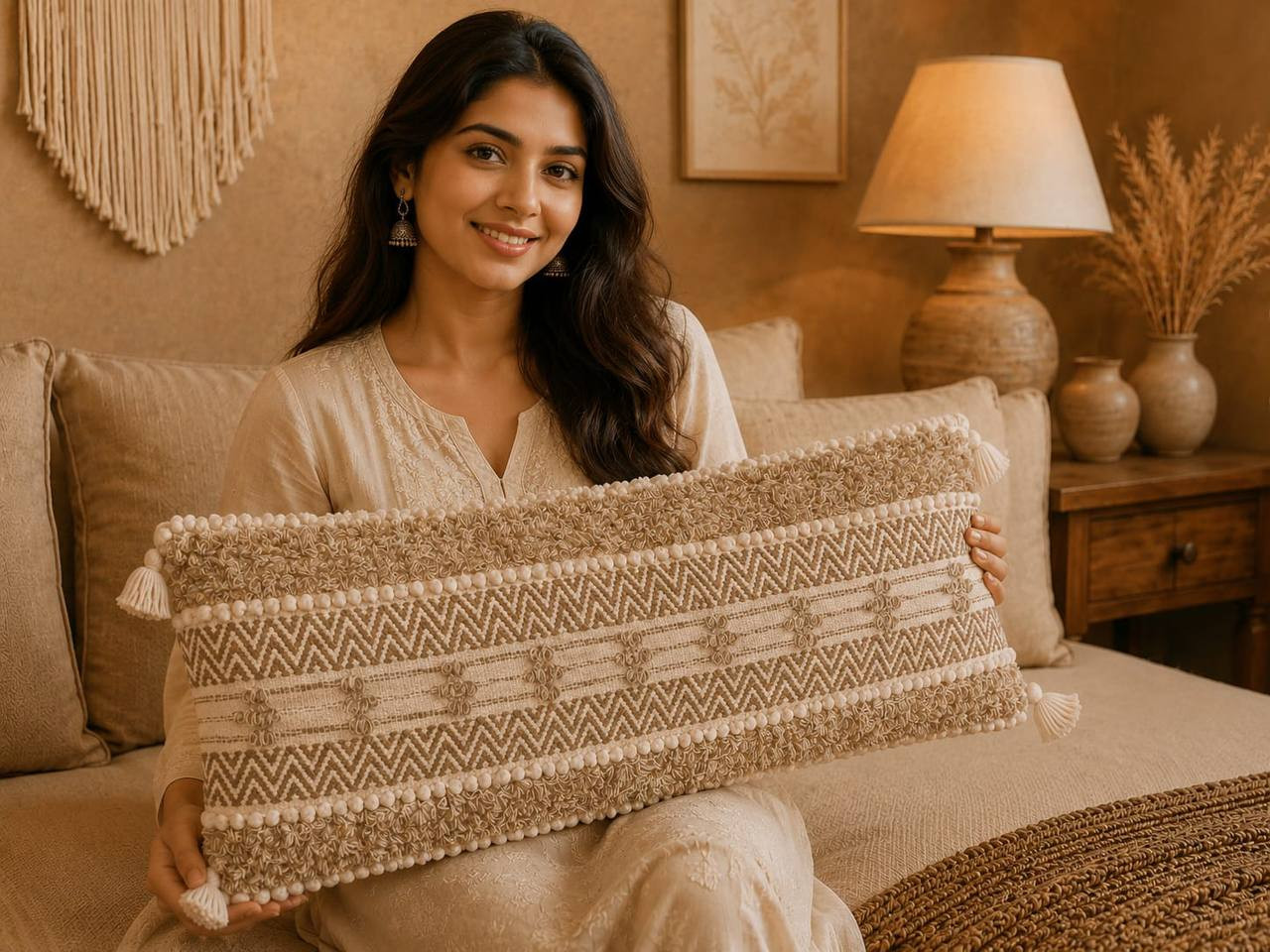Woman holding handwoven boho chevron cushion cover with tassel corners