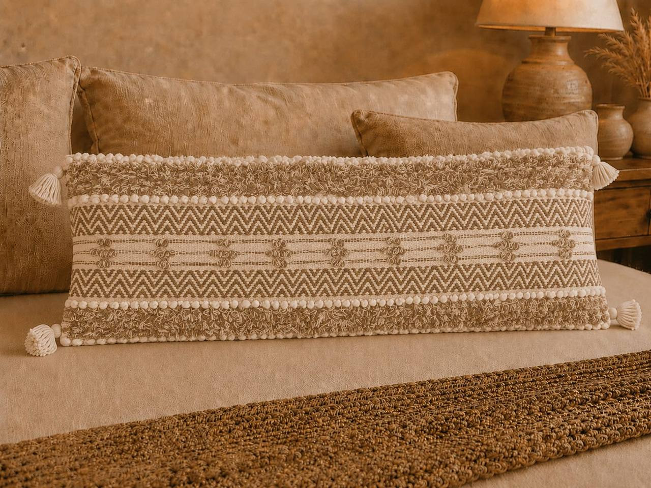 Boho tufted lumbar cushion cover with chevron weave and shag texture on sofa