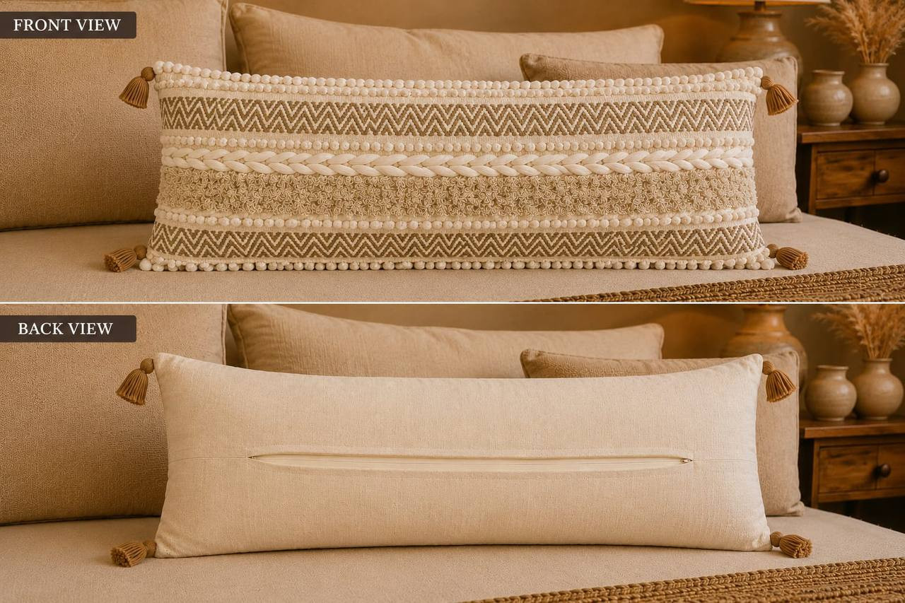 Front and back view of boho lumbar cushion cover showing braided chevron pattern and hidden zipper