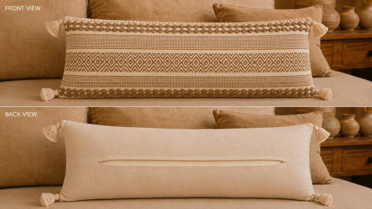 Front and back view of boho lumbar cushion cover showing diamond pattern and hidden zipper